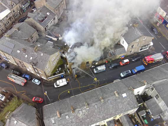 The blaze at the garage in Haslingden. Photo: Lancs Fire and Rescue drone